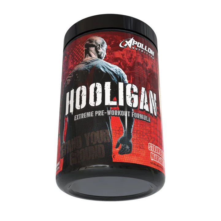 Apollon Nutrition Hooligan V7 Extreme Pre Workout tub featuring red label design with muscular figure and bold typography on front