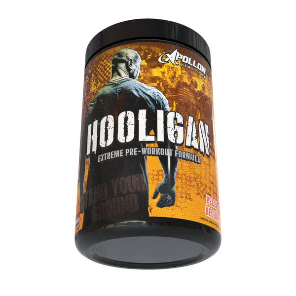 Apollon Nutrition Hooligan V7 Extreme Pre Workout tub featuring orange label design with muscular figure and bold typography on front