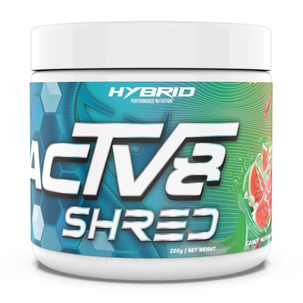 A container of ACTV8 Shred fat burner supplement with a colorful label featuring predominantly blue and green colors, and an image of a lime.