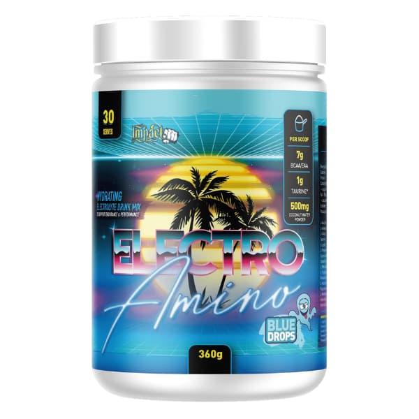 A container of Impact Supplements Electro Amino, with a tropical themed design featuring palm trees and a sunset.