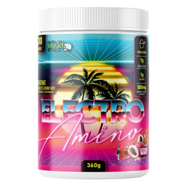 A container of Impact Supplements Electro Amino, with a tropical themed design featuring palm trees and a sunset.