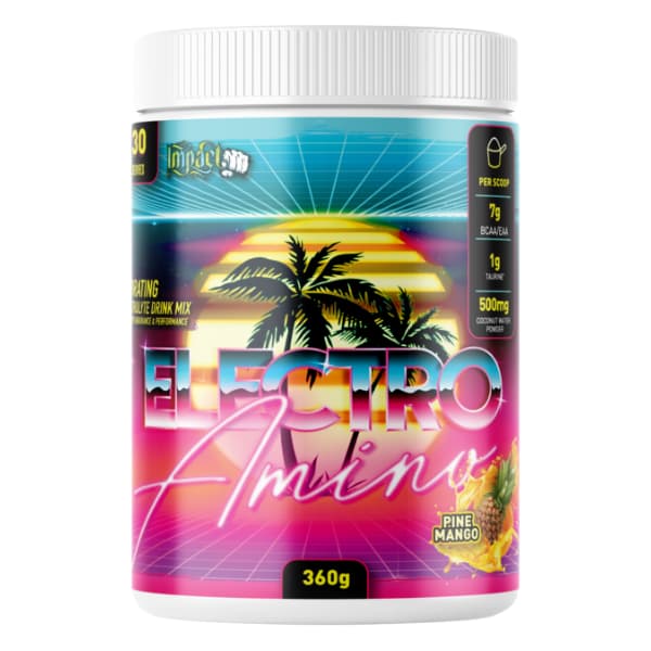 A container of Impact Supplements Electro Amino, with a tropical themed design featuring palm trees and a sunset.