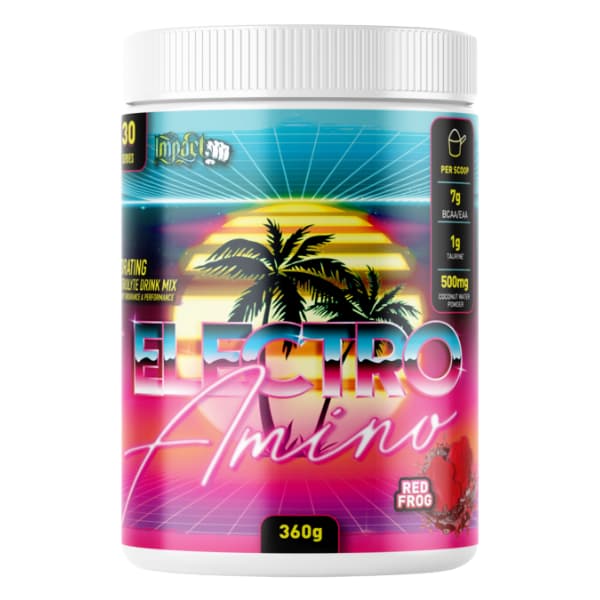 A container of Impact Supplements Electro Amino, with a tropical themed design featuring palm trees and a sunset.