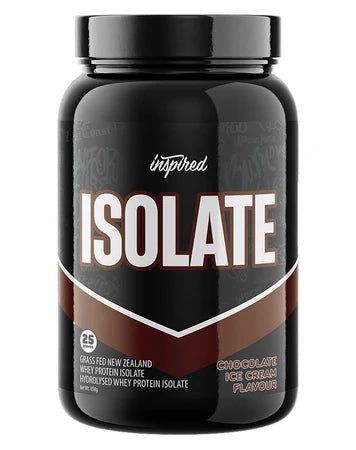 A container of Inspired Isolate protein powder in chocolate flavor, with a predominantly black label and brown accents.