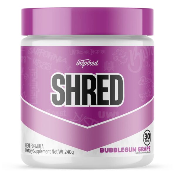 A container of Inspired Shred supplement in Bubblegum Grape flavor, with a pink lid and label featuring the product name and flavor.