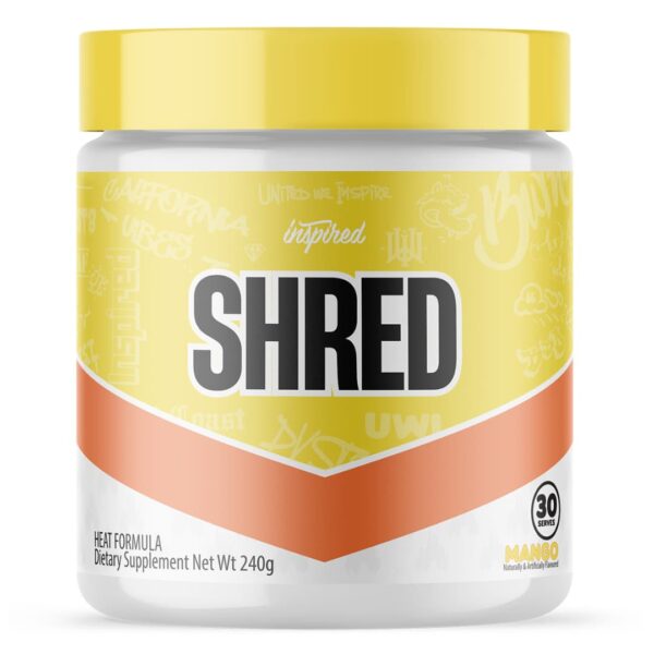 Front view of Inspired Nutraceuticals Shred thermogenic fat burner 240g tub showing label design.