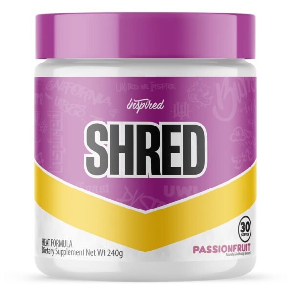 Front view of Inspired Nutraceuticals Shred thermogenic fat burner 240g tub showing label design.