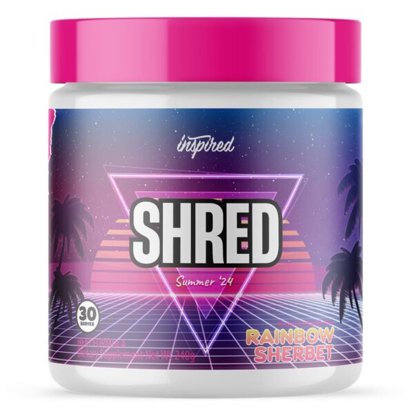 Front view of Inspired Nutraceuticals Shred thermogenic fat burner 240g tub showing label design.
