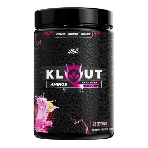 A container of Klout Aminos supplement with a black and pink design, highlighting its benefits for recovery, hydration, and replenishment, and indicating 25 servings.