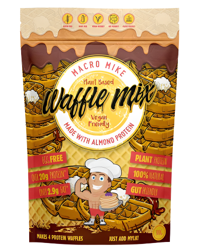 Macro Mike Almond Protein Waffle Mix 300 g pouch showing vegan plant protein waffle blend with high protein and gut friendly label