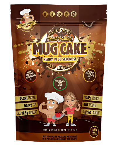 Macro Mike Plant Protein Mug Cake pouch showing Bree Lenehan collaboration design with plant protein and gut friendly labels