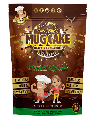 Packaging for Macro Mike Plant Protein Mug Cake mix featuring illustrations of a smiling character and a chef, with chocolate chips and a mug depicted. The package highlights the product as plant-based, dairy-free, and containing chocolate flavor.
