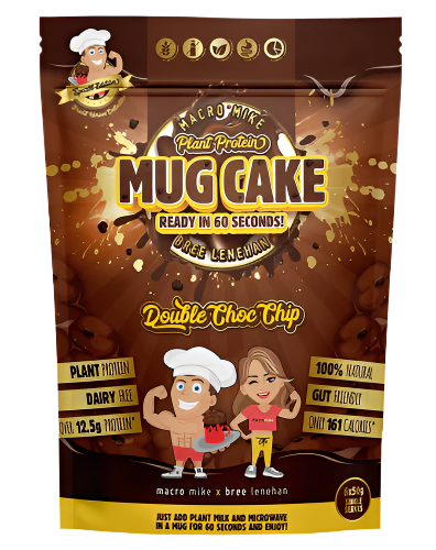 Packaging for Macro Mike Plant Protein Mug Cake mix featuring illustrations of a smiling character and a chef, with chocolate chips and a mug depicted. The package highlights the product as plant-based, dairy-free, and containing chocolate flavor.