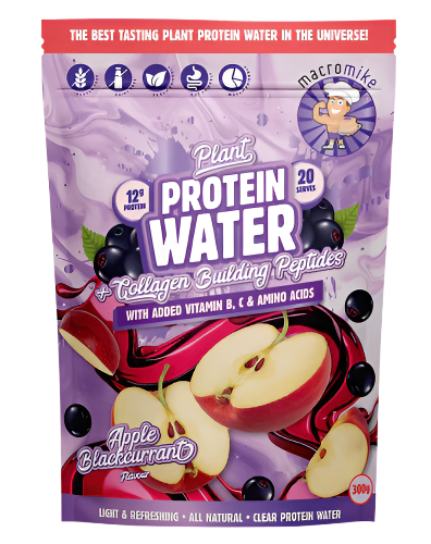 Packaging for Plant Protein Water by Macro Mike showing various flavors such as pink lemonade, apple blackcurrant, and red raspberry, with illustrations of fruits and a character on the package.