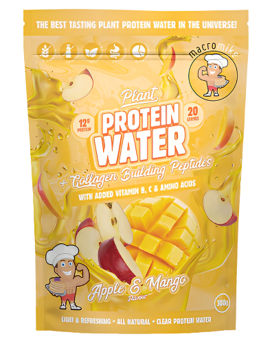 Packaging for Plant Protein Water by Macro Mike showing various flavors such as pink lemonade, apple blackcurrant, and red raspberry, with illustrations of fruits and a character on the package.