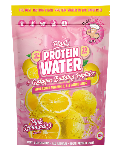 Packaging for Plant Protein Water by Macro Mike showing various flavors such as pink lemonade, apple blackcurrant, and red raspberry, with illustrations of fruits and a character on the package.