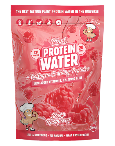 Packaging for Plant Protein Water by Macro Mike showing various flavors such as pink lemonade, apple blackcurrant, and red raspberry, with illustrations of fruits and a character on the package.