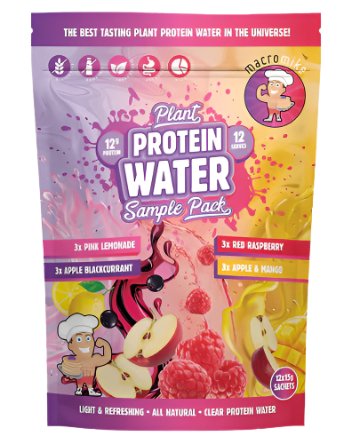Packaging for Plant Protein Water by Macro Mike showing various flavors such as pink lemonade, apple blackcurrant, and red raspberry, with illustrations of fruits and a character on the package.