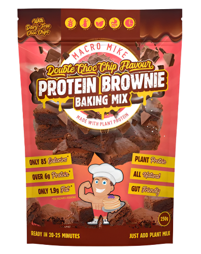 Packaging of Macro Mike Double Choc Chip Flavour Protein Brownie Baking Mix featuring an image of brownies and product information.