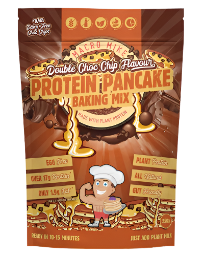 Packaging of Macro Mike Protein Pancake Baking Mix with illustrations of pancakes and chocolate, highlighting the product features such as gluten-free, vegan, and easy to make.