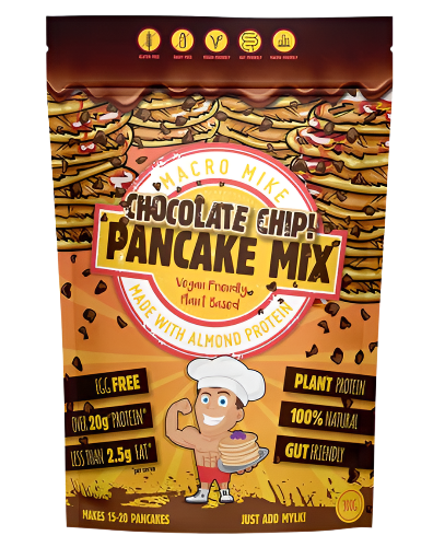 Packaging of Macro Mike Protein Pancake Baking Mix with illustrations of pancakes and chocolate , highlighting the product features such as gluten-free, vegan, and easy to make.