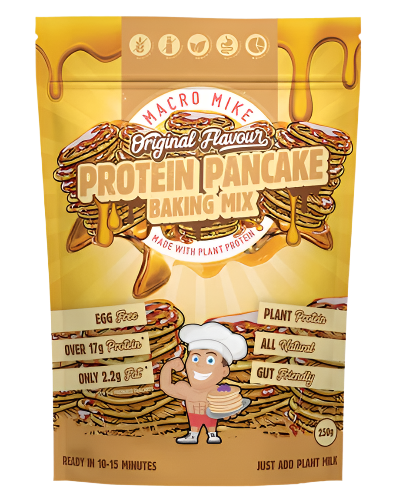 Packaging of Macro Mike Protein Pancake Baking Mix with illustrations of pancakes and syrup, highlighting the product features such as gluten-free, vegan, and easy to make.