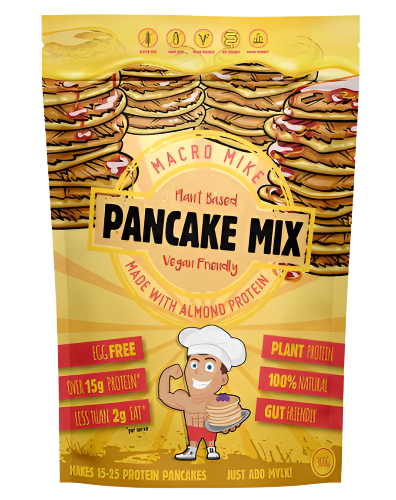 Packaging of Macro Mike Protein Pancake Baking Mix with illustrations of pancakes and syrup, highlighting the product features such as gluten-free, vegan, and easy to make.
