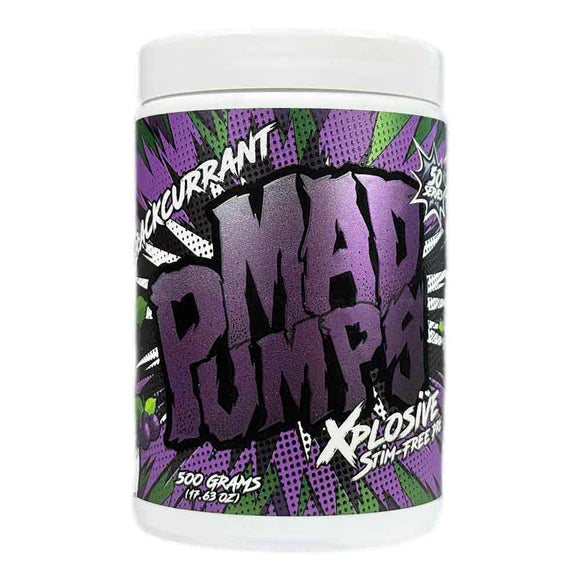 A container of Mad Pumps Xplosive Stim-Free Pre with a colorful design featuring purple and green accents.