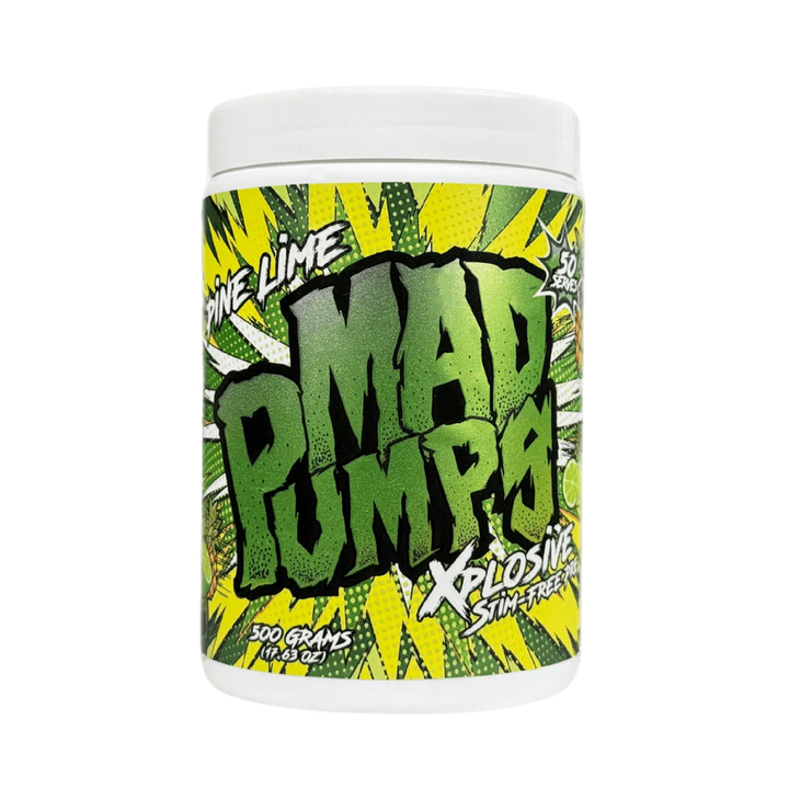 A container of Mad Pumps Xplosive Stim-Free Pre with a colorful design featuring purple and green accents.