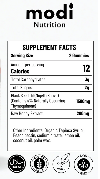 Supplement facts label for Modi Nutrition gummies with black text on a white background.