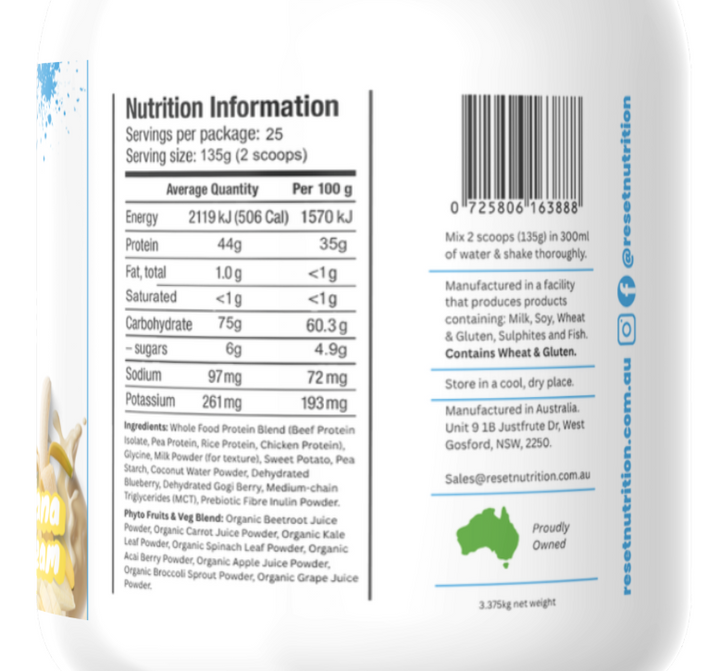 Nutrition label on a supplement package with ingredients and nutritional information.