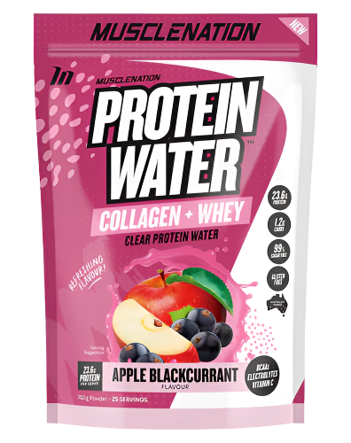 A package of Muscle Nation Protein Water in apple blackcurrant flavor, with visual emphasis on the protein content and the addition of collagen and whey protein.