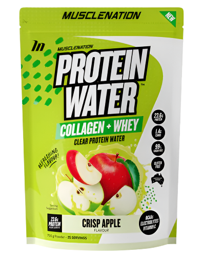 A package of Muscle Nation Protein Water in crisp apple flavor, with visual emphasis on the protein content and the addition of collagen and whey protein.