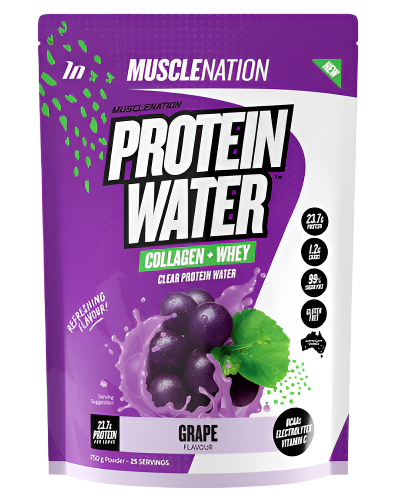 A package of Muscle Nation Protein Water in grape flavor, with visual emphasis on the protein content and the addition of collagen and whey protein.