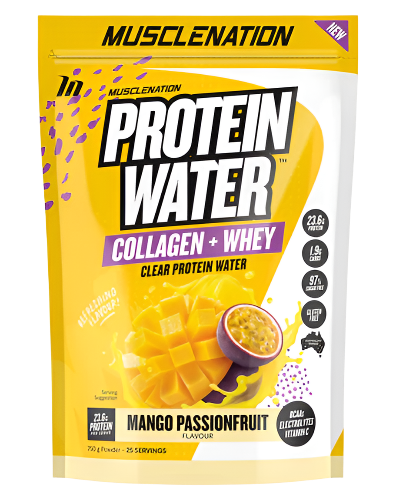 A package of Muscle Nation Protein Water in mango passionfruit flavor, with visual emphasis on the protein content and the addition of collagen and whey protein.