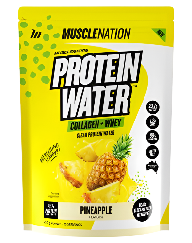 A package of Muscle Nation Protein Water in pineapple flavor, with visual emphasis on the protein content and the addition of collagen and whey protein.