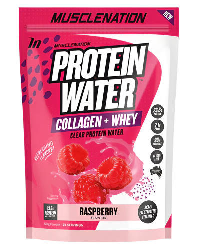 A package of Muscle Nation Protein Water in raspberry flavor, with visual emphasis on the protein content and the addition of collagen and whey protein.