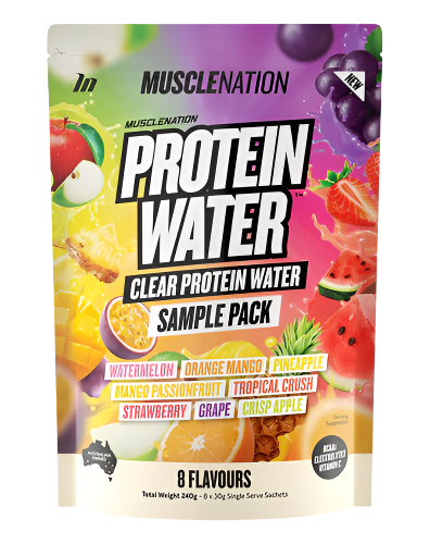 Packaging of Muscle Nation Protein Water Sample Pack with eight different fruit flavor illustrations including Watermelon, Orange, Mango, Pineapple, Passionfruit, Tropical Crush, Strawberry, and Grape.