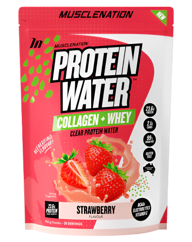 A package of Muscle Nation Protein Water in strawberry flavor, with visual emphasis on the protein content and the addition of collagen and whey protein.