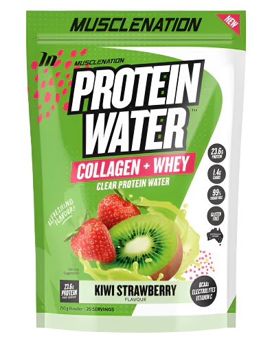 A package of Muscle Nation Protein Water in strawberry kiwi flavor, with visual emphasis on the protein content and the addition of collagen and whey protein.