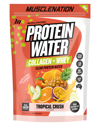 A package of Muscle Nation Protein Water in tropical flavor, with visual emphasis on the protein content and the addition of collagen and whey protein.