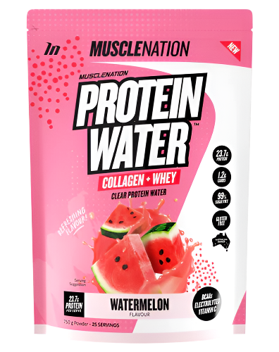 A package of Muscle Nation Protein Water in watermelon flavor, with visual emphasis on the protein content and the addition of collagen and whey protein.