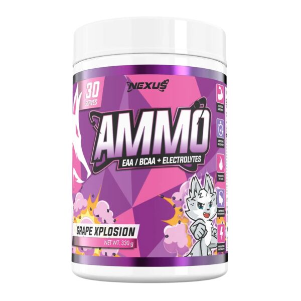 A container of Nexus Sports Nutrition Essential Ammo supplement, with a colorful design featuring a character and text.