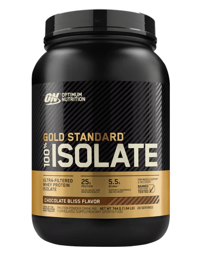 A small container of Optimum Nutrition Gold Standard 100% Isolate protein powder in Chocolate Bliss flavor.