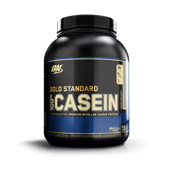 Black container of Gold Standard Casein protein powder on a white background