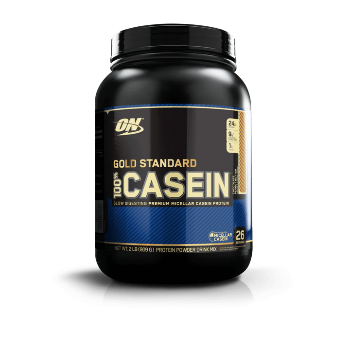 Black container of Gold Standard 100% Casein protein powder on a white background