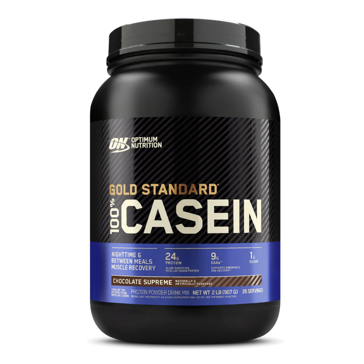 A container of Optimum Nutrition Gold Standard 100% Casein protein powder in Chocolate Peanut Butter flavor.