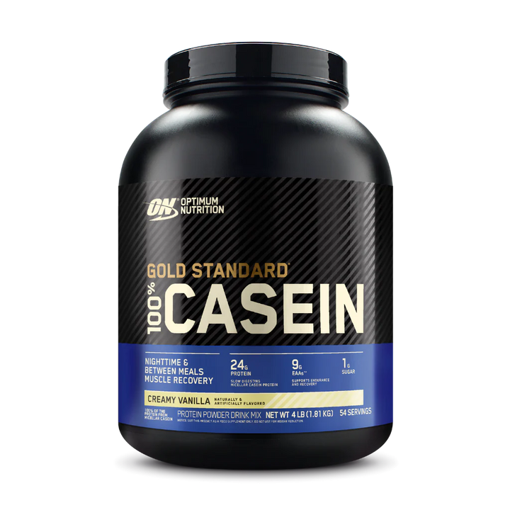 A container of Optimum Nutrition Gold Standard 100% Casein protein powder in Chocolate Peanut Butter flavor.