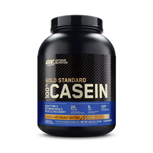 A container of Optimum Nutrition Gold Standard 100% Casein protein powder in Chocolate Peanut Butter flavor.