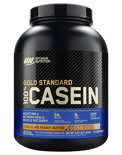 A container of Optimum Nutrition Gold Standard 100% Casein protein powder in Chocolate Peanut Butter flavor.